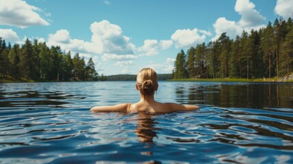 Fototapeta premium Serene Lake Swim - Woman Enjoying Nature's Embrace