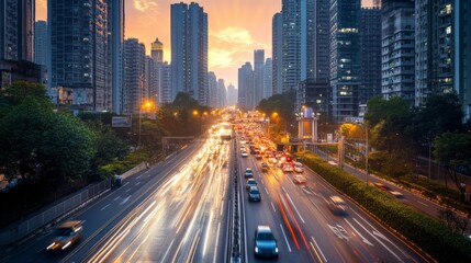 Fototapeta premium Bustling City Street at Dusk with Traffic and Urban Skyline