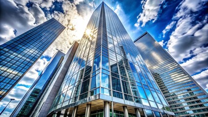 Modern glass and steel skyscraper with reflective windows standing tall in the city center, symbolizing innovation, success, and financial growth in the business world.