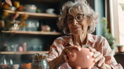Obraz premium Senior Woman Holding Piggy Bank in Cozy Home Environment