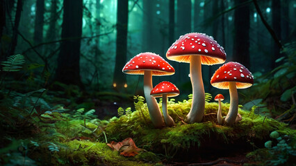 Fototapeta premium Magical forest with glowing mushroom Landscape. Natural scenery.