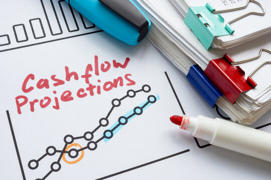 Graph with labels and the words cashflow projections. Financial forecasting and cash management.