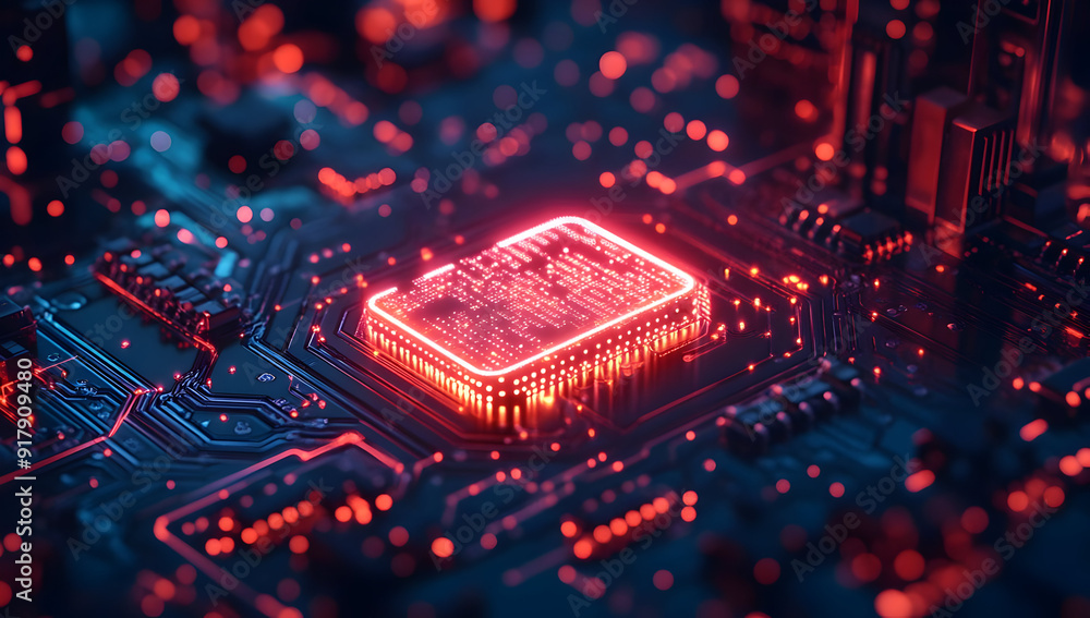 Poster a close-up of a glowing microchip on a circuit board, showcasing advanced technology and intricate e