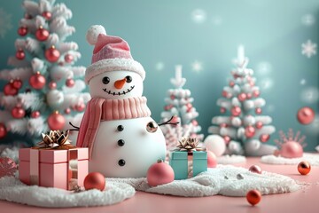 Snowman with Christmas tree and gift box, Christmas theme elements 3d illustration, Generative AI 