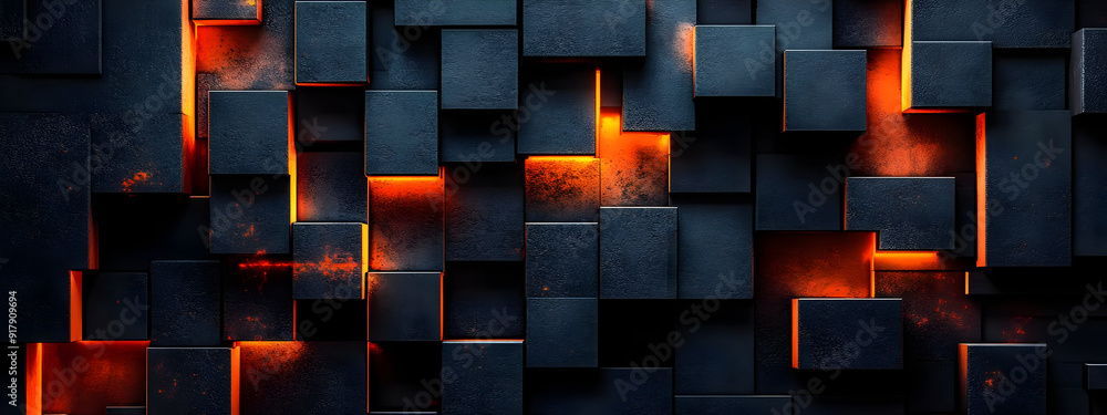 Poster abstract black cubes with glowing orange elements create a striking visual effect for backgrounds or
