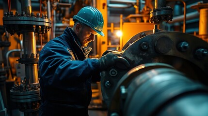 Industrial Worker Inspecting Machinery in a Factory