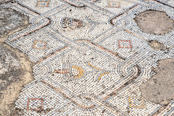 Beautiful mosaic floor in the ruins of the Byzantine church at Kursi (Gerassa) National Park near the Sea of Galilee in Israel.
