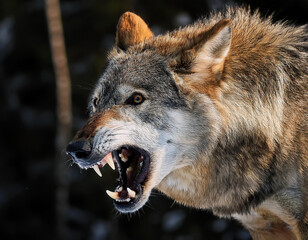 Fototapeta premium Portrait of a roaring wolf. A wolf showing its fangs