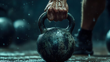 A close-up of a hand gripping a kettlebell in a dynamic workout environment, showcasing strength and fitness dedication.