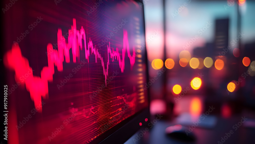 Poster an abstract financial graph displayed on a monitor, showcasing vibrant red lines against a cityscape