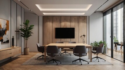 Office interior backdrop for online meetings. Light home office setting background. Minimalist online workspace aesthetics. Video conferencing room