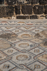 Beautiful mosaic floor in the ruins of the Byzantine church at Kursi (Gerassa) National Park near the Sea of Galilee in Israel.
