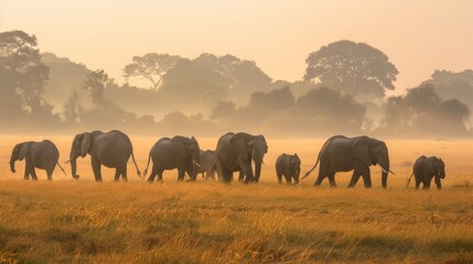 Elephant Family Walking Through Grassy Savanna at Sunset.