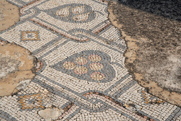 Beautiful mosaic floor in the ruins of the Byzantine church at Kursi (Gerassa) National Park near the Sea of Galilee in Israel.
