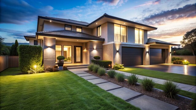 Modern suburban home's exterior illuminated by bright floodlights at dusk, casting dramatic shadows on the lawn and emphasizing the house's sleek architectural lines.