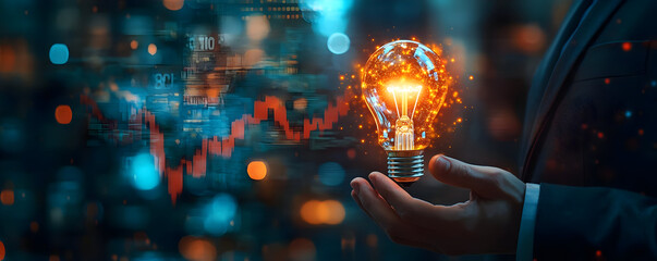 A businessman holding a glowing light bulb, symbolizing innovative ideas and financial growth in a digital world.