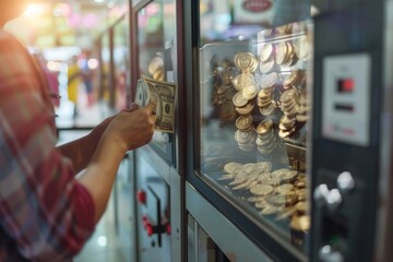 Close-up of a hand pressing a button on a gaming machine with colorful neon lights in the background.. Beautiful simple AI generated image in 4K, unique.