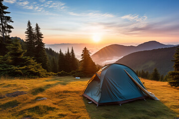 Serene Mountain Campsite with Vibrant Tent Overlooking Majestic Sunrise