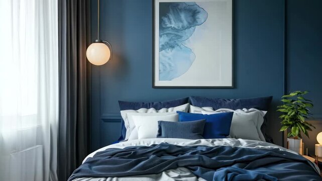 Modern bedroom interior close up on the wall above the bed with a poster frame mockup.