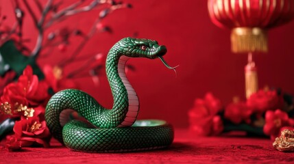 Fototapeta premium Statue of a snake and Chinese lanterns. Celebration of the Chinese New Year, 2025 year of the Snake