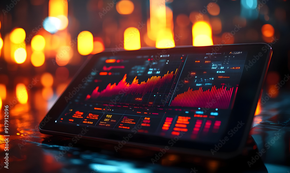Poster close-up of a tablet displaying vibrant data charts and graphs, representing financial analysis and 