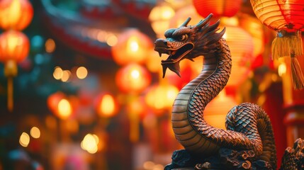 Fototapeta premium Statue of a snake and Chinese lanterns. Celebration of the Chinese New Year, 2025 year of the Snake