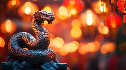 Fototapeta premium Statue of a snake and Chinese lanterns. Celebration of the Chinese New Year, 2025 year of the Snake