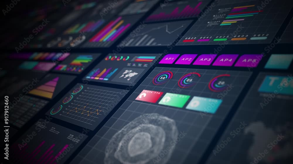 Poster modern data panels display various interactive charts, graphs, and analytics on a dark interface, id