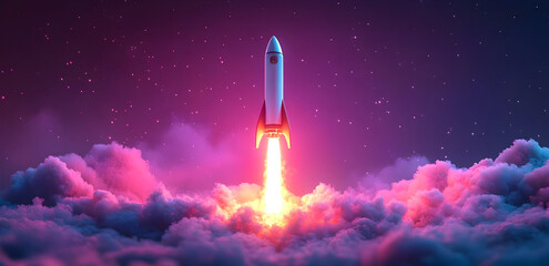 Fototapeta premium A stunning rocket taking off through colorful clouds into the starry night sky, symbolizing adventure and exploration.