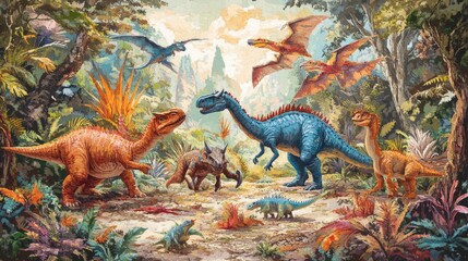 Playful Colorful Dinosaurs Roaming in Lush Prehistoric Jungle.