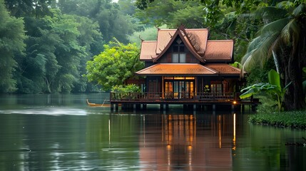 Serene Traditional Thai House Nestled by Tranquil River and Lush Greenery
