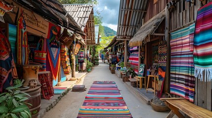 Vibrant Hill Tribe Market with Vibrant Textiles and Handcrafted Goods in Authentic Thailand Setting