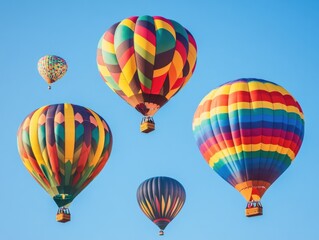 Fototapeta premium Vibrant Hot Air Balloons Soaring in Clear Blue Sky - Colorful Adventure in the Skies