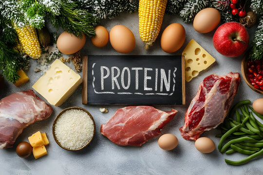 A vibrant assortment of protein-rich foods including meat, eggs, cheese, and vegetables arranged beautifully on a table.