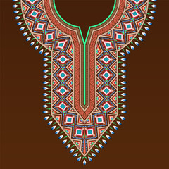 Symmetrical patterns for the neck of the African dashiki shirt, Indian kurta, and kaftan dress with colorful ethnic tribal and geometric motifs on a dark brown background. Vibrant graphic patterns.