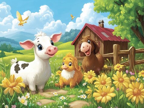Joyful Farm Animals Embracing Fun in a Charming Barnyard Scene