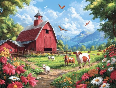 Joyful Farmyard Frolics - Smiling Animals in a Playful Barnyard Scene