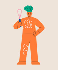 Man hold whisk in hand. Colorful vector illustration