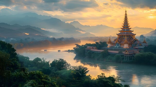 Majestic Golden Triangle Sunset Tranquil Lakeside Pagoda Reflecting the Converging Landscapes of Thailand Laos and Myanmar
