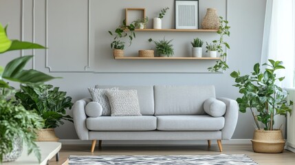 Modern Living Room with Stylish Grey Sofa and Green Plants
