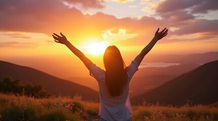 Happy woman standing with her back on sunset in nature iwith open hands.	