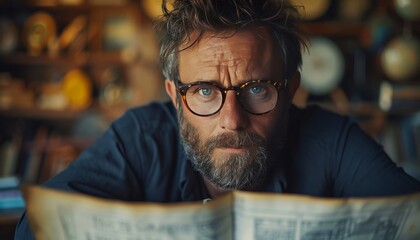 Intense Bearded Man Reading Newspaper in Cozy Room