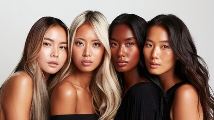 Four women with different hair colors and styles are posing for a photo