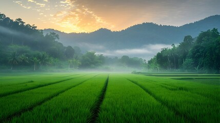 Naklejka premium Peaceful Thai Rice Field at Dawn with Misty Green Landscape