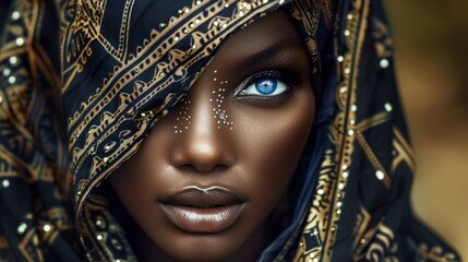 A woman with a gold and black scarf covering her face