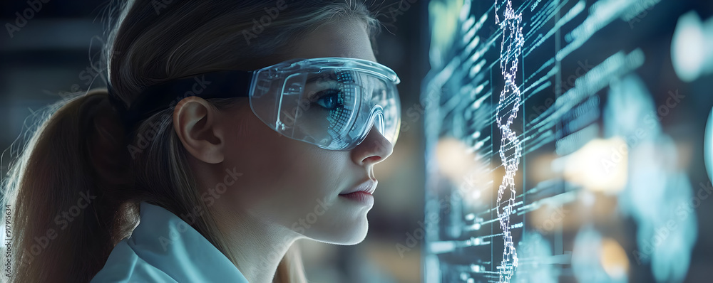 Poster focused scientist analyzing data in a modern lab, showcasing innovation and dedication to technology