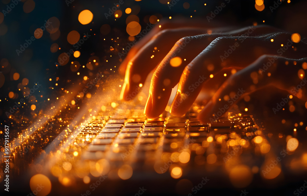 Poster a close-up of hands typing on a keyboard, surrounded by mesmerizing glowing particles creating a dyn