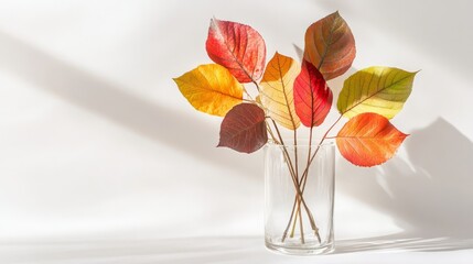 A clear glass vase holding vibrant multicolored autumn leaves against a white background, casting soft shadows.