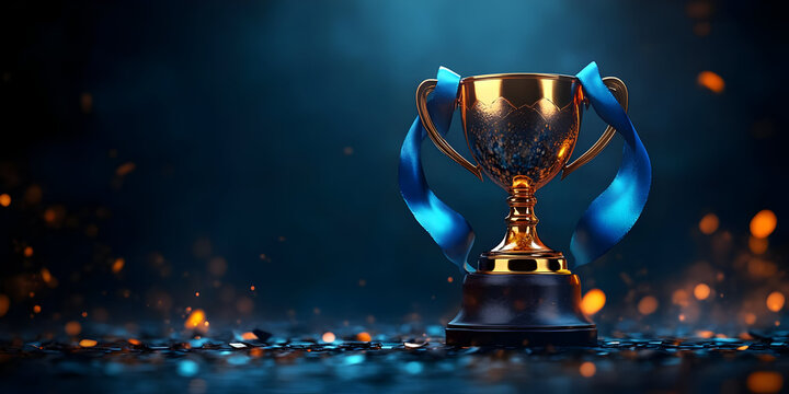 A gleaming trophy adorned with blue ribbons, symbolizing victory and achievement. Perfect for celebrating success.