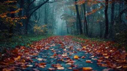 crisp fallen leaves covering a forest path